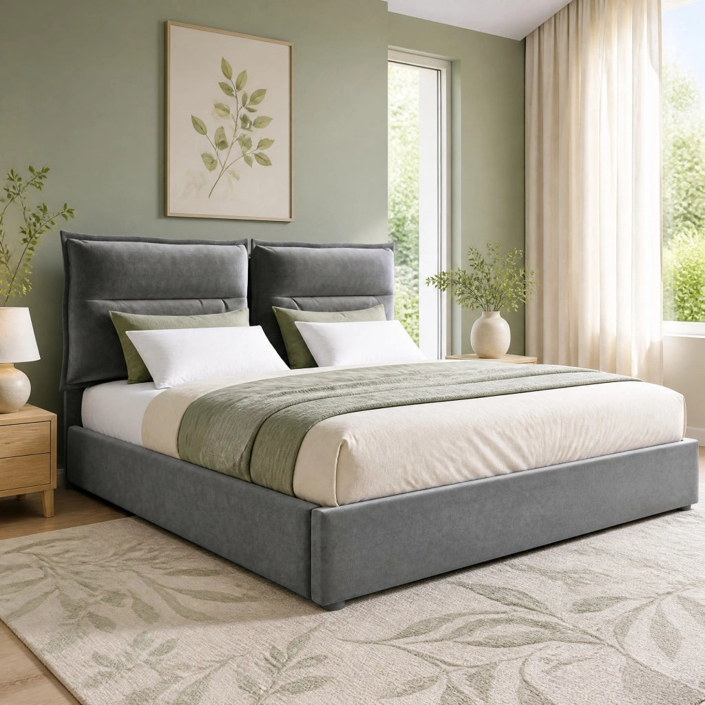 Letto matrimoniale imbottito 140x200 cm con contenitore, testiera regolabile, velluto grigio, senza materasso