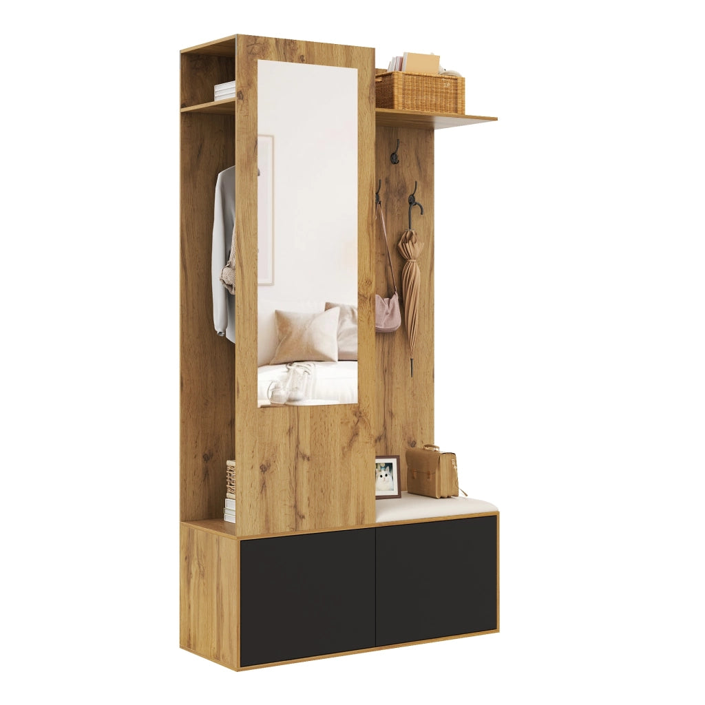 Mobile da ingresso con 2 Ante; 5 Ganci; Specchio e Panchina; per Ingresso; in MDF; 100×38×191 cm; Nero