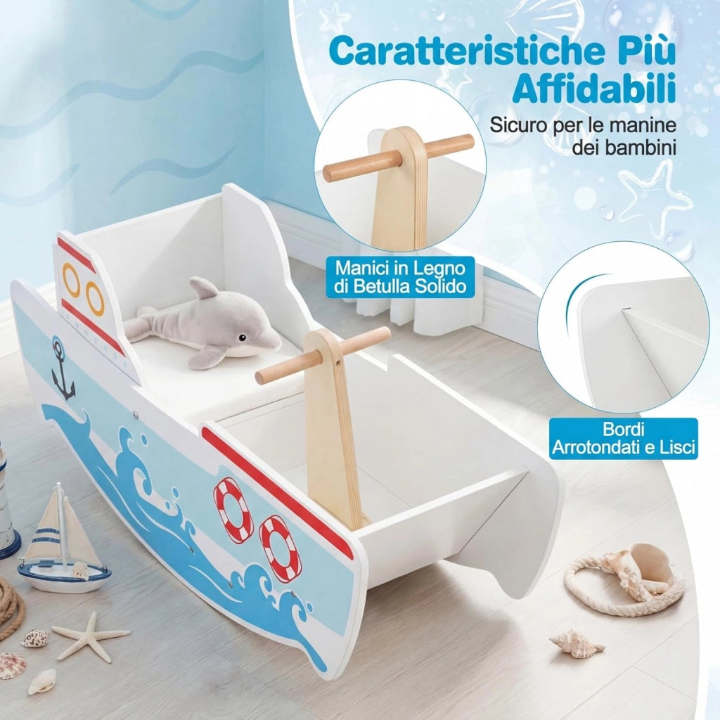 Cavallo a Dondolo per Bambini, Nave a Dondolo in Legno a Tema Nautico, Manici in Legno, Carico 50 kg, per Bambini 1-5 Anni