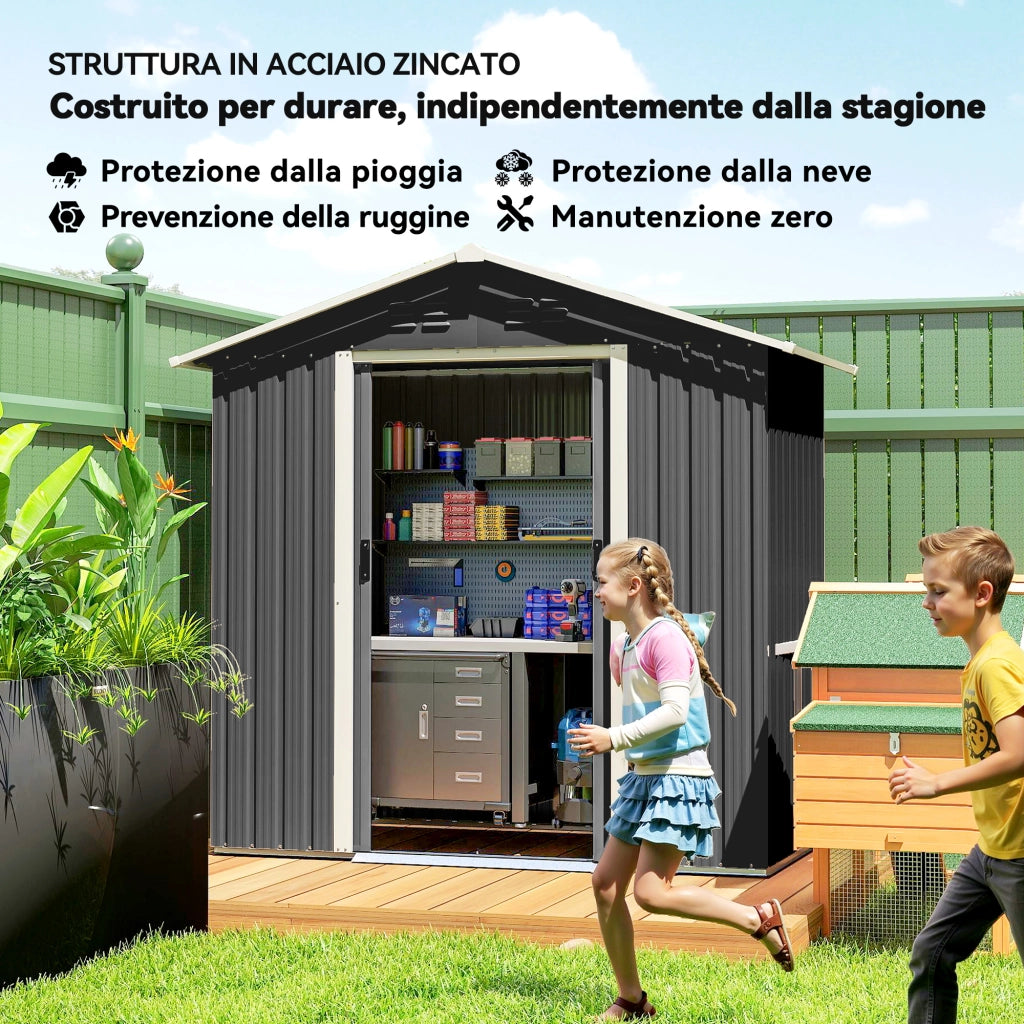 Casetta Box da Giardino 194x107x191 cm Capanno Porta Attrezzi in Acciaio Grigio