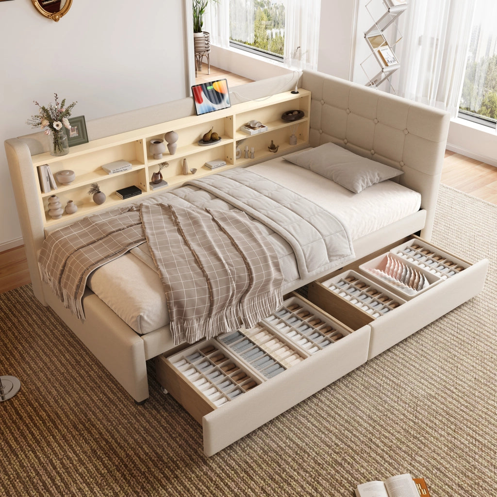 Letto singolo 90x200 cm con cassetti, USB e Type-C beige