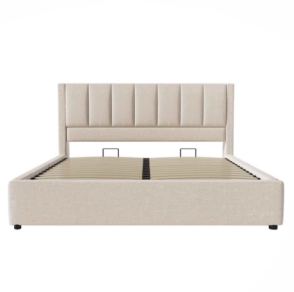 Letto matrimoniale imbottito 160x200 cm in lino beige con contenitore; USB e portabicchieri