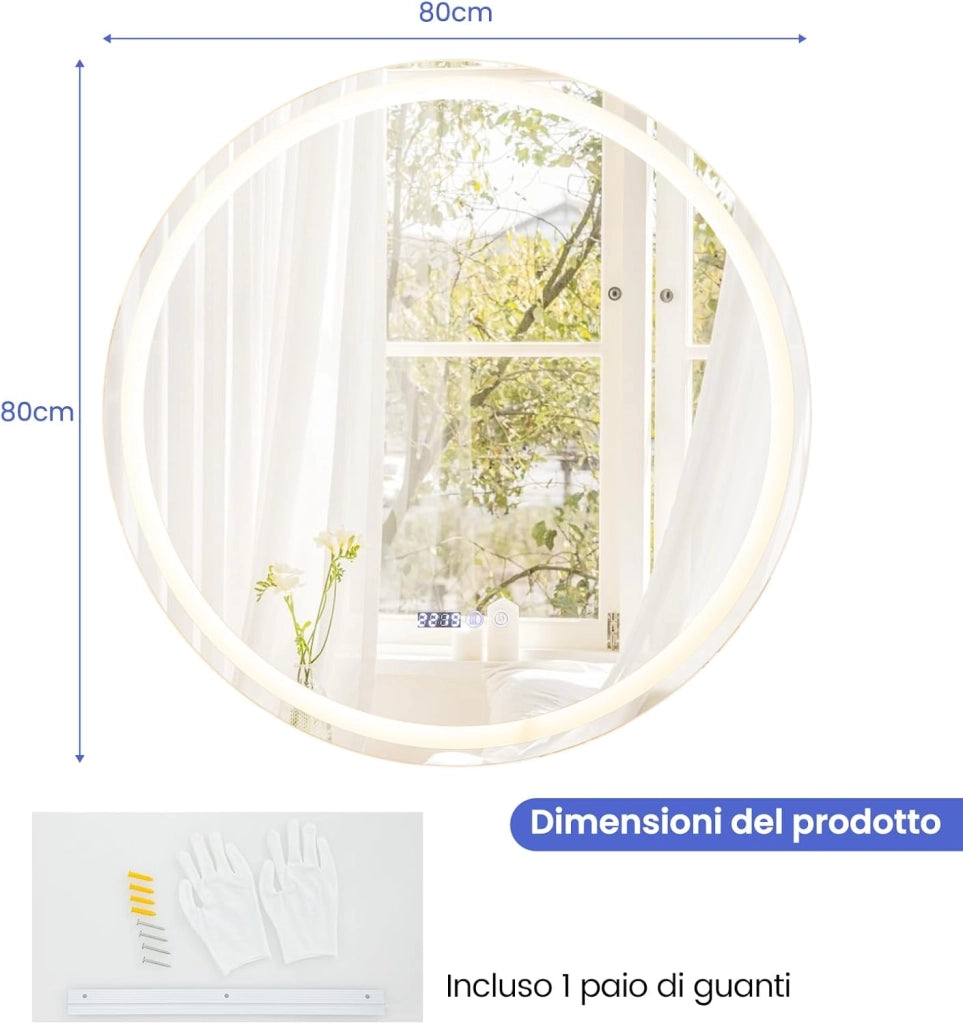 Specchio da Bagno Rotondo/Quadrato a LED, Specchio da Trucco da Parete Impermeabile con 3 Colori, 58/72 Luci, Schermo Tattile, Ideale per Bagno Soggiorno Camera da Letto (Rotondo)