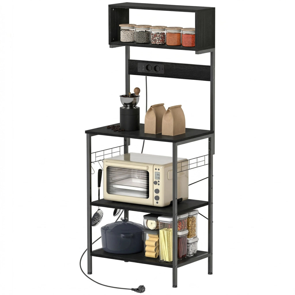 Scaffale da Cucina con Multipresa per Microonde con Ripiani e Ganci Stile Industriale. Legno e Acciaio. Nero