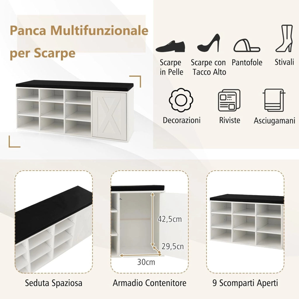 Panca Scarpiera da Ingresso, Scarpiera con Seduta Imbottito, 9 Scomparti e Armadio con Ante, Panca Contenitore con Ripiani Regolabili, per Camera da Letto Corridoio, 110,5x30x49 cm (Bianco)