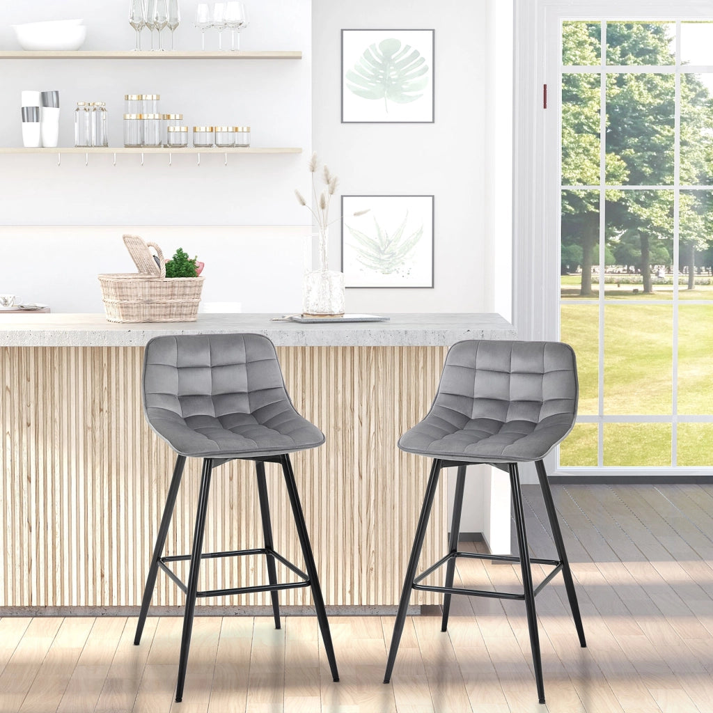 Set 2 Sgabelli Imbottite da Bar 45x47x88 cm in Metallo e Tessuto Vellutato Grigio