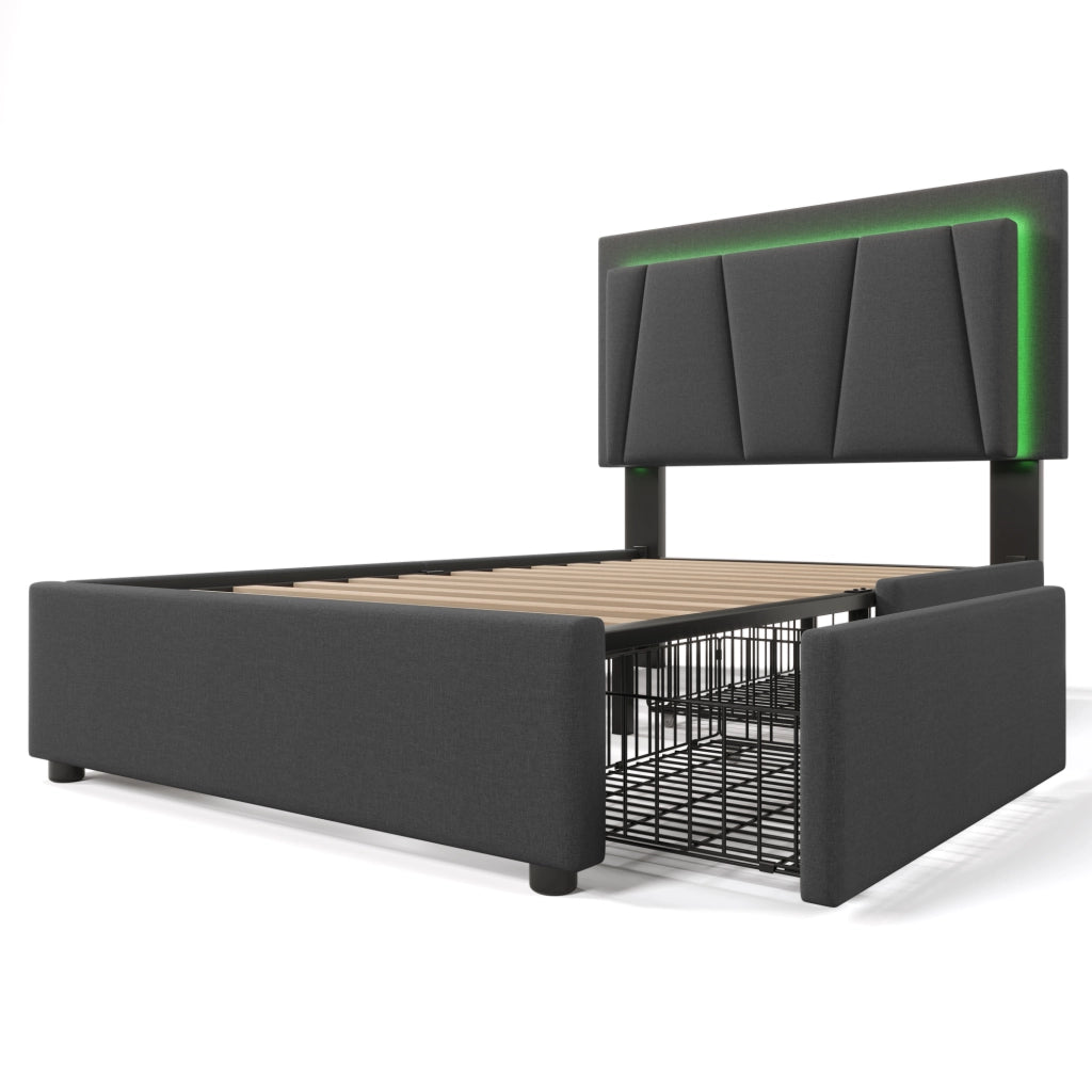 Letto singolo imbottito 90x200 cm con LED, 2 cassetti, testiera regolabile e materasso incluso