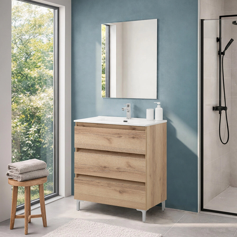 Mobile bagno a terra 100 cm in quercia naturale con lavabo e specchio Leda