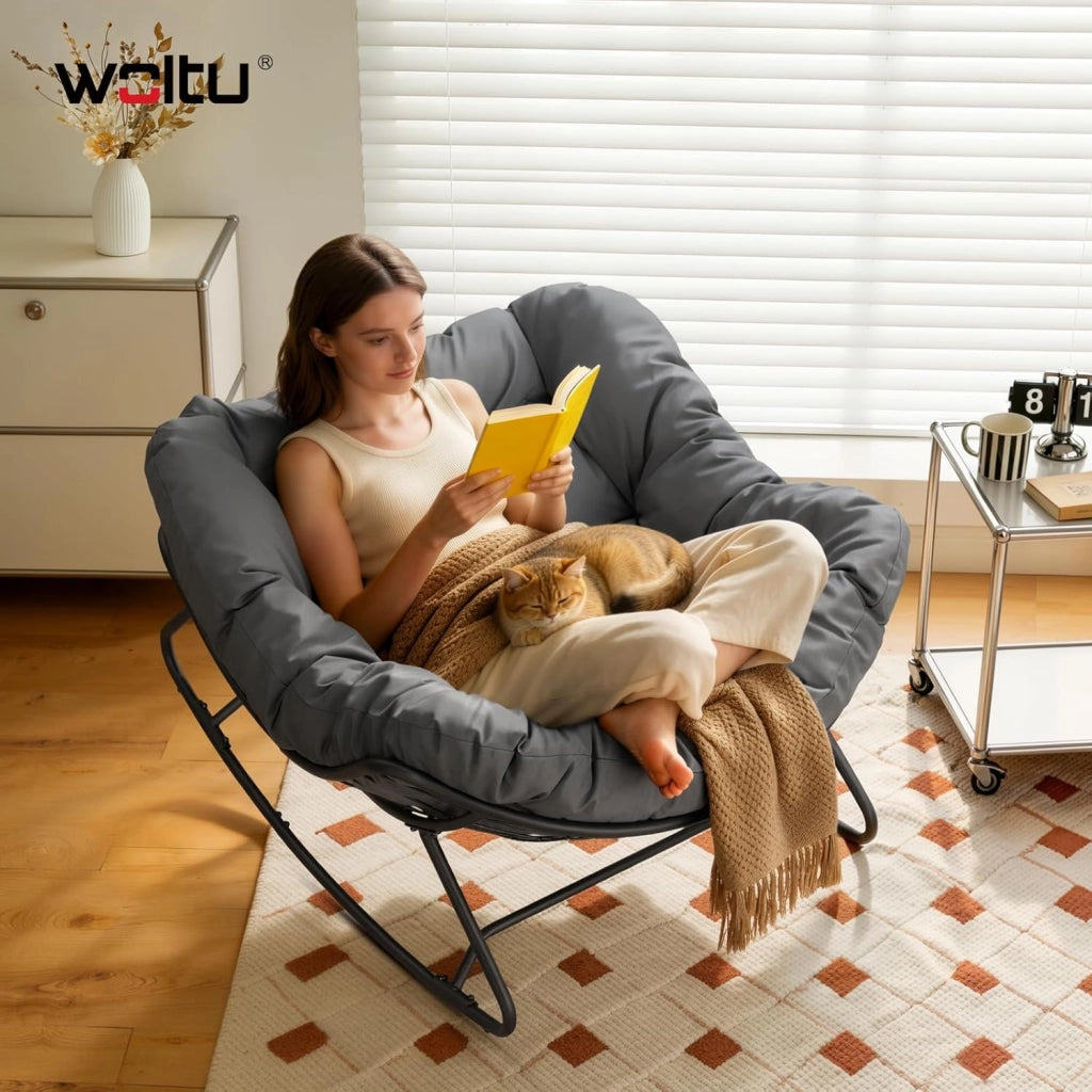 Sedia a Dondolo a Forma di Uovo, Poltrona Relax con Gambe Curve, Struttura in Metallo e Cuscino in Poliestere, Portata 150 kg, per Salotto e Balcone, Grigio Scuro