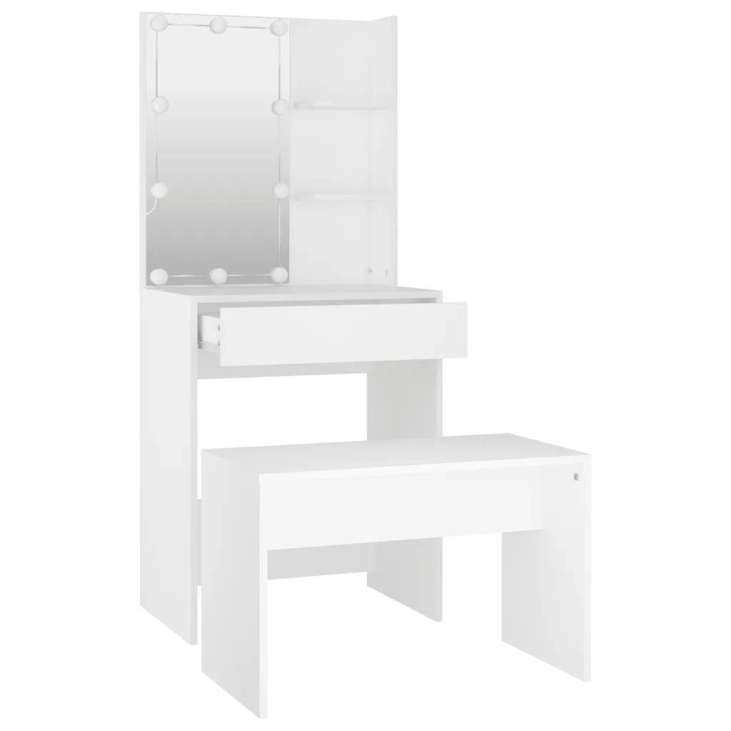 Set Tavolo da Toeletta Bianco con LED in Legno Multistrato