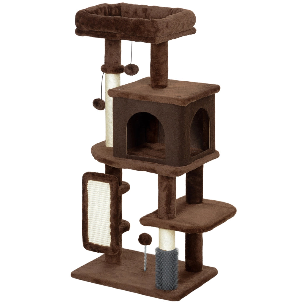 Tiragraffi per Gatti 104 cm ¨C Xylo ¨C con Piattaforme Spazzola Palline Pendenti Marrone