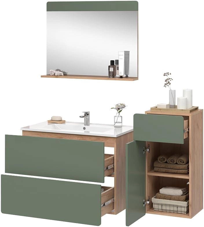 Set di mobili da bagno Izan, Goldkraft rovere/verde, 4 pezzi con unità midi