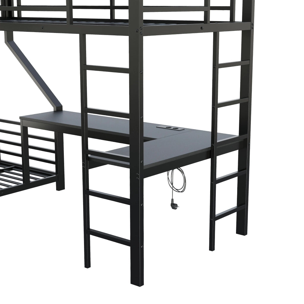 Letto a castello, 90 x 200 cm + 140 x 200 cm, tre posti letto, struttura in metallo, con presa di ricarica, scrivania, nero
