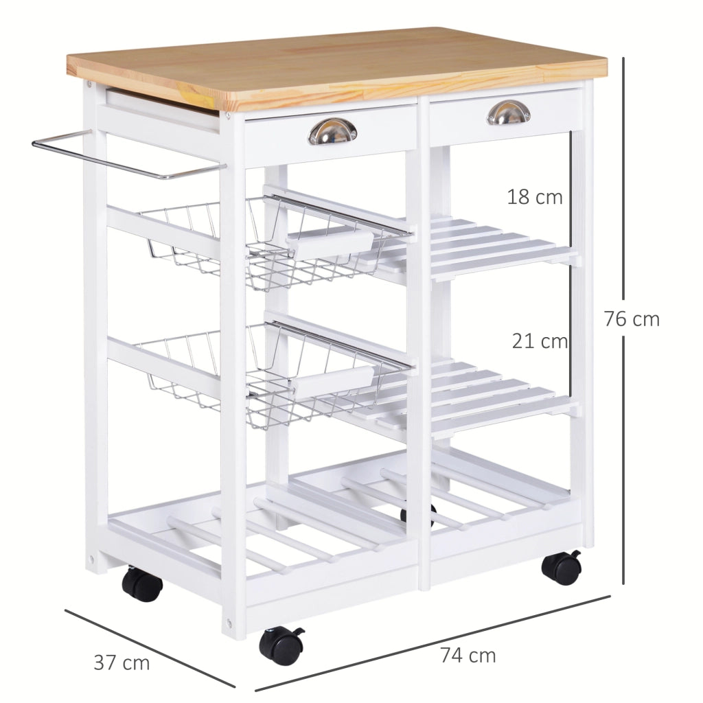 Carrello Cucina Multiuso ¨C Xylo ¨C Legno Pino Bianco 2 Cassetti 2 Ripiani 2 Cesti 74x37x76 cm