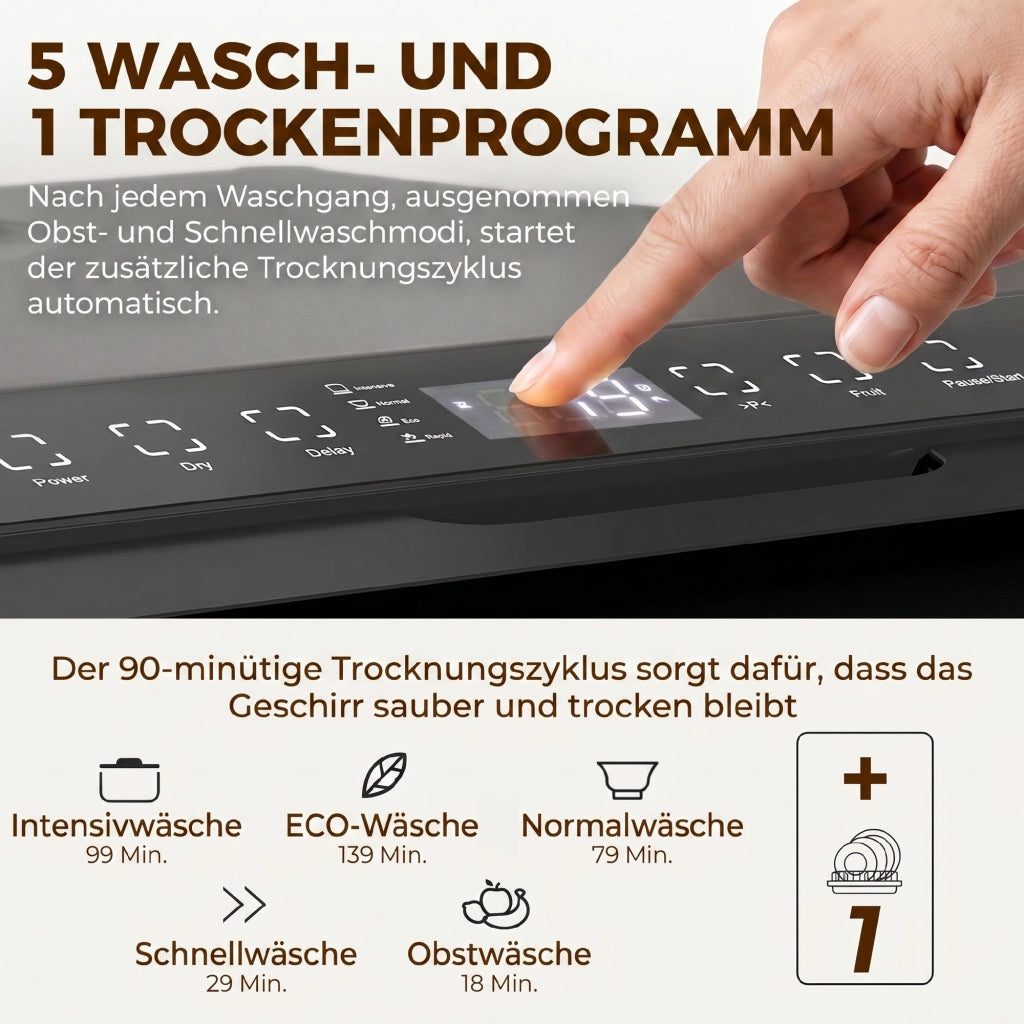 Lavastoviglie da Tavolo Compatta 4 Coperti con Serbatoio Integrato 6L Display LED 5 Programmi Nero