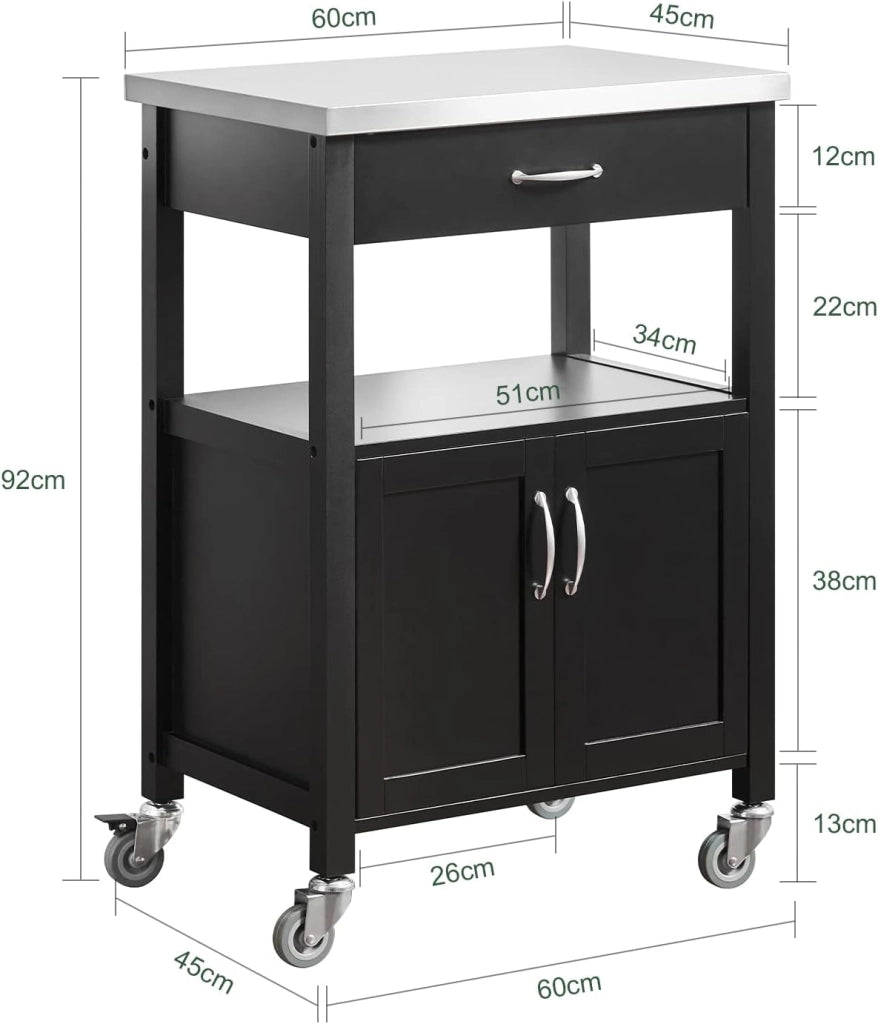 Carrello cucina salvaspazio con piano di lavoro – Mobile cucina con ruote, ideale come mobiletto cucina, credenza compatta o mobile microonde – Disponibile in Nero 60x92x45cm FKW22-SCH