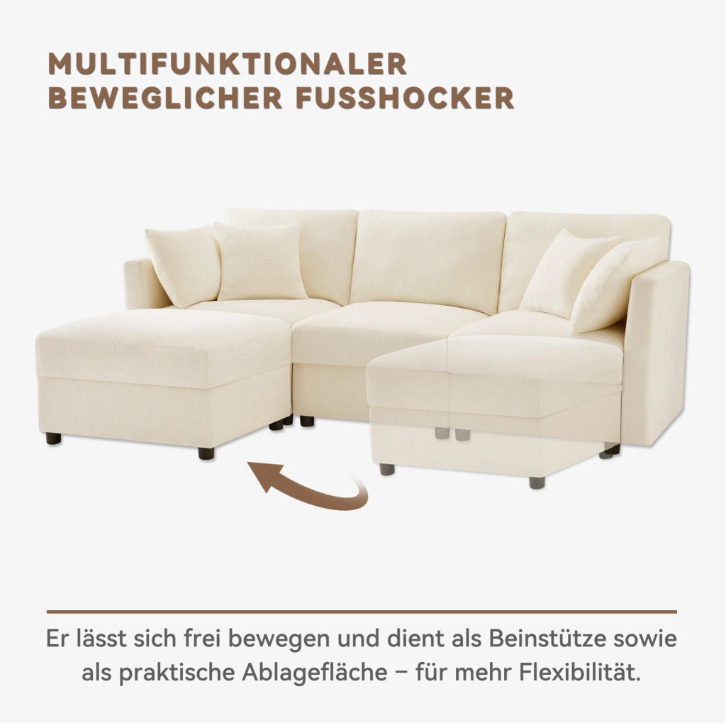 Divano 3 posti con pouf mobile e braccioli regolabili in ciniglia beige