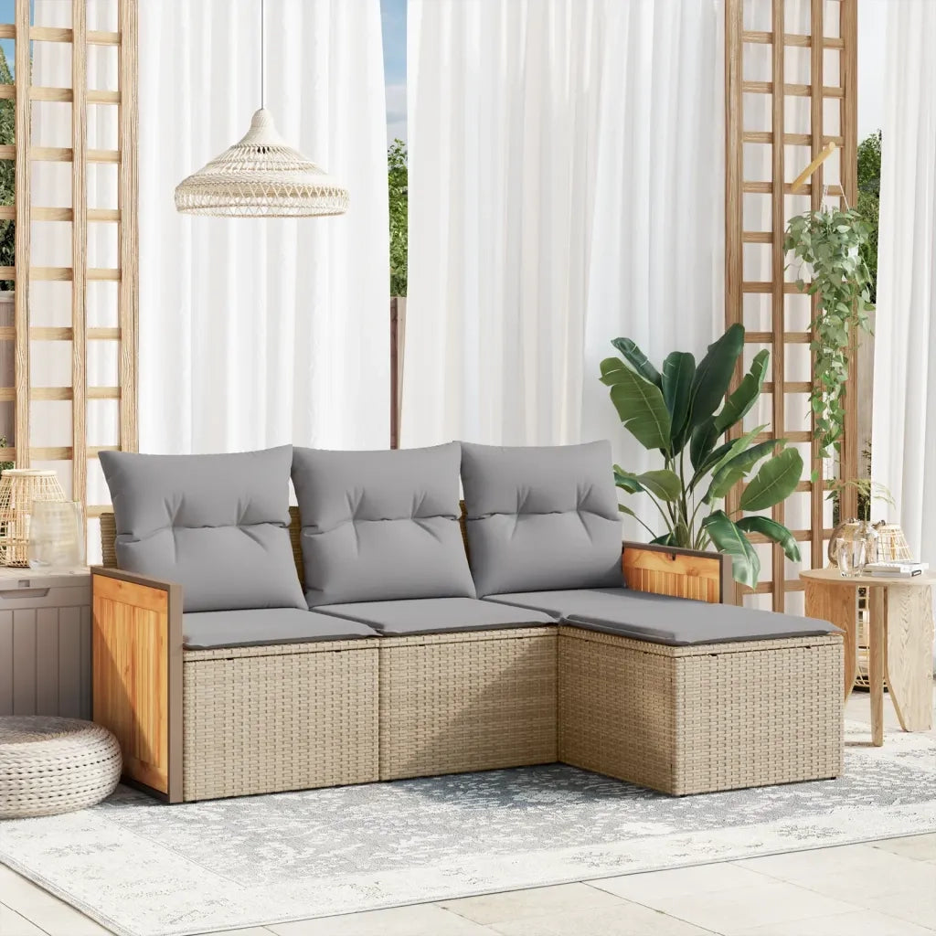 Set Divano da Giardino 4 pz | Set Salotto da Giardino con Cuscini Beige in Polyrattan