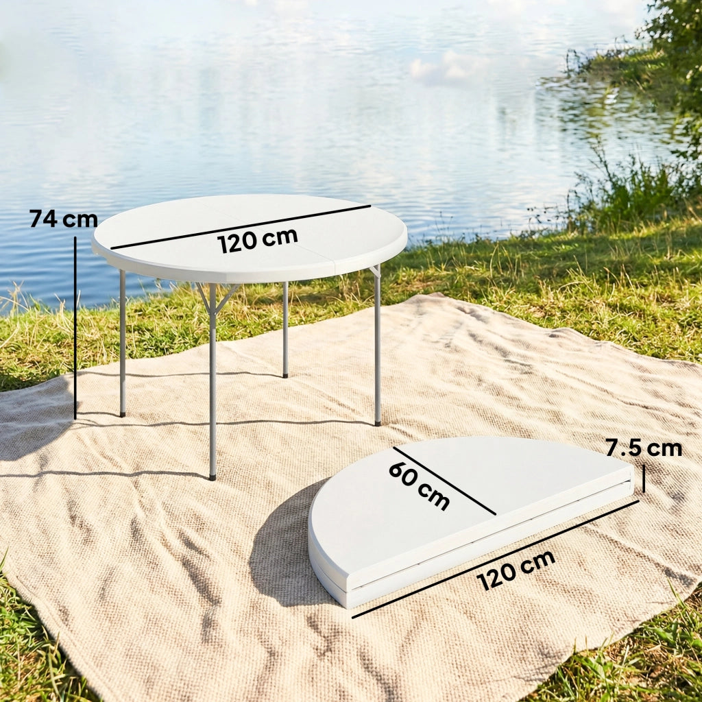 Tavolo da Campeggio Pieghevole Ø120x74 cm in Metallo e HDPE Bianco