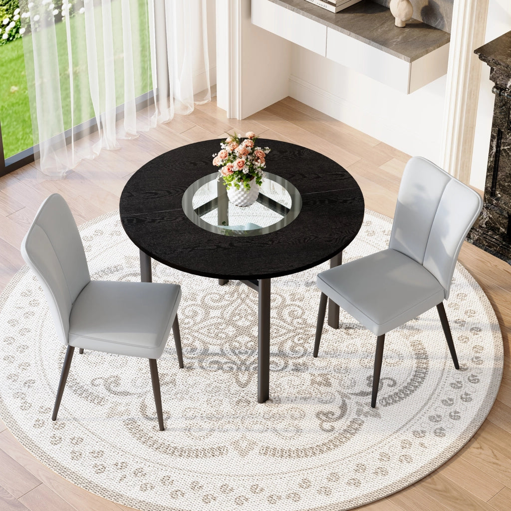 Tavolo da pranzo rotondo con inserto in vetro, ripiano in vetro e 2 sedie, per 2-4 persone, nero, diametro 100 cm
