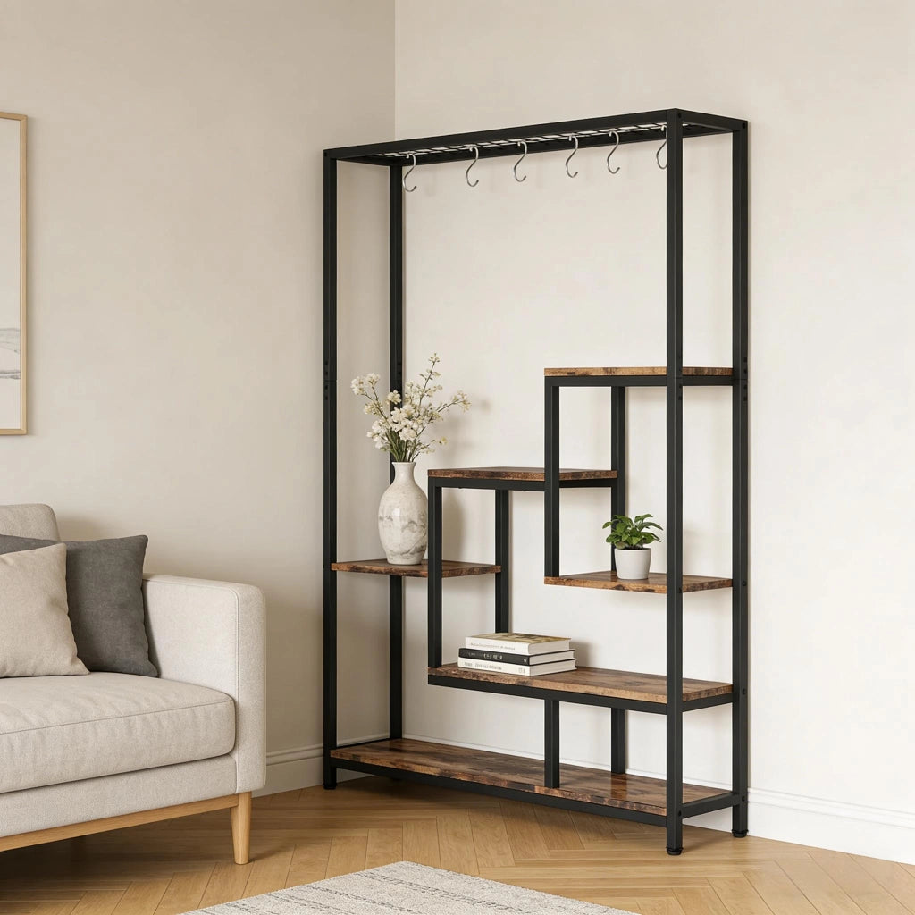 PORTAFIORI a 7 ripiani in metallo e legno Nero/Marrone rustico