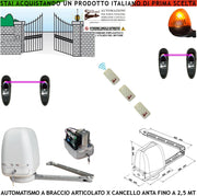 CANCELLO AUTOMATICO KIT MOTORE A BRACCIO ARTICOLATO 220/24 V ANTA BATTENTE DA 0,5 A 2,5 MT CENTRALE 3 RADIOCOMANDI FARO 2 FOTOCELLULE