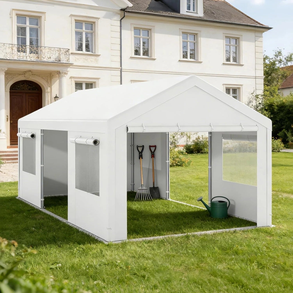 Tenda Garage Auto Esterno, Tettoia per Auto con Telaio in Metallo, Copertura in PE Resistente alle Intemperie, Capanno Giardino per Vehicolo, Bici, Moto, Attrezzi (Bianco, 305 x 586 x 280 cm)