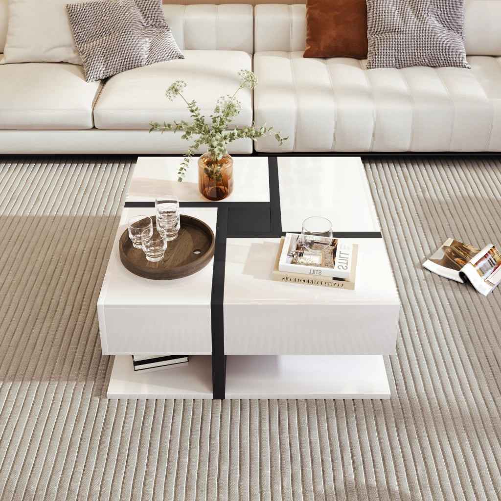 Tavolino da salotto quadrato con 4 Cassetti e Ripiano inferiore; Finitura Lucida; in Pannelli di particelle; 78 × 78 × 36 cm; Bianco