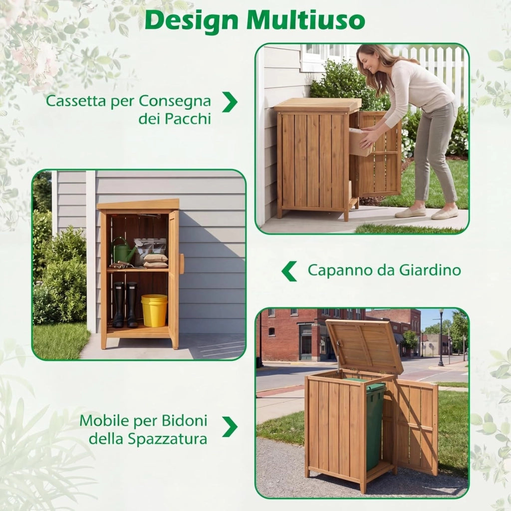Armadio da Esterno in Legno Massello con Ripiano Rimovibile, Casetta Porta Attrezzi con Porta e Coperchio Apribile, Contenitore per Bidoni Spazzatura per Giardino, Cortile e Patio