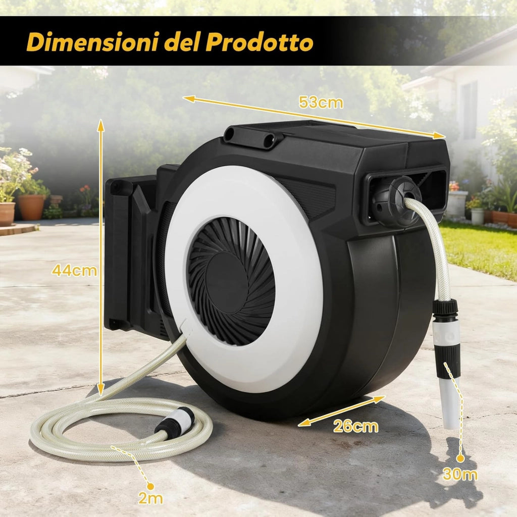 Avvolgitubo da Giardino Automatico a Muro, Tubo in PVC 30 M con Tubo di Alimentazione 2 M, Supporto Girevole a 180°, Ritorno Lento, Avvolgitubo Acqua Retrattile con Ugello Spray (30 M)