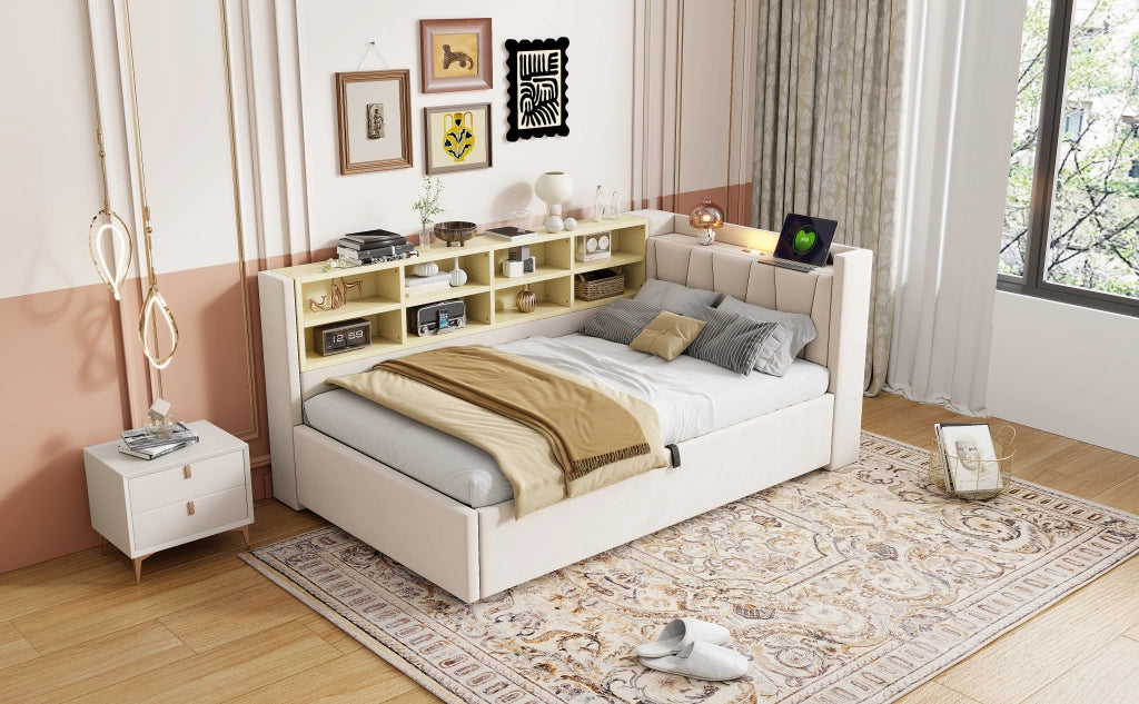 Letto imbottito con funzione divano letto in velluto beige 90x200 cm