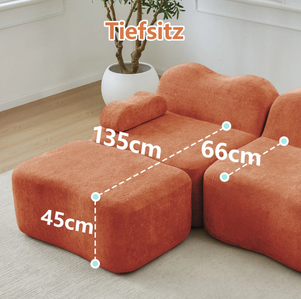 Divano angolare modulare a onda con pouf collegabile in velluto arancione