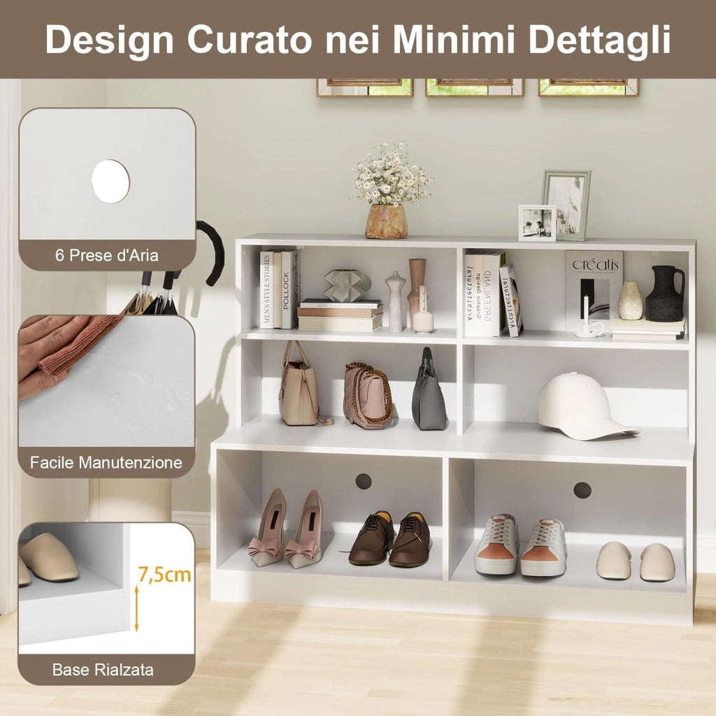2 in 1 Scarpiera da Ingresso, Combinazione di Armadio e Panchina, Organizzatore Moderno con 6 Cubi e 2 Kit Antiribaltamento per Soggiorno Corridoio Ingresso, 120 x 50 x 90 cm