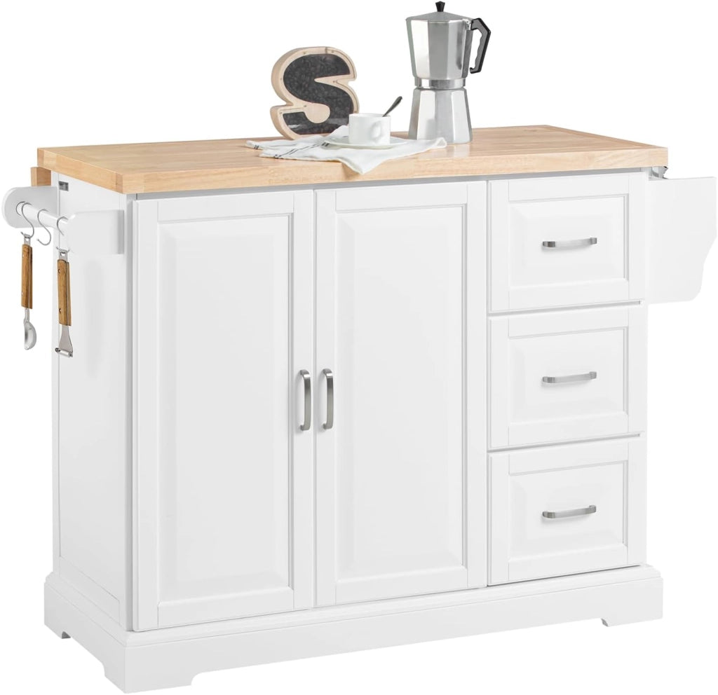 isola cucina con piano di lavoro in legno massello allungabile carrello da cucina con ruote mobile cucina con 3 cassetti Bianco 130x91x(46-71) cm FKW41-II-WN