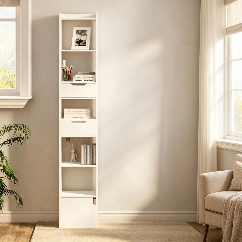 Libreria 33x24x181 cm con 6 ripiani e 2 cassetti in legno bianco