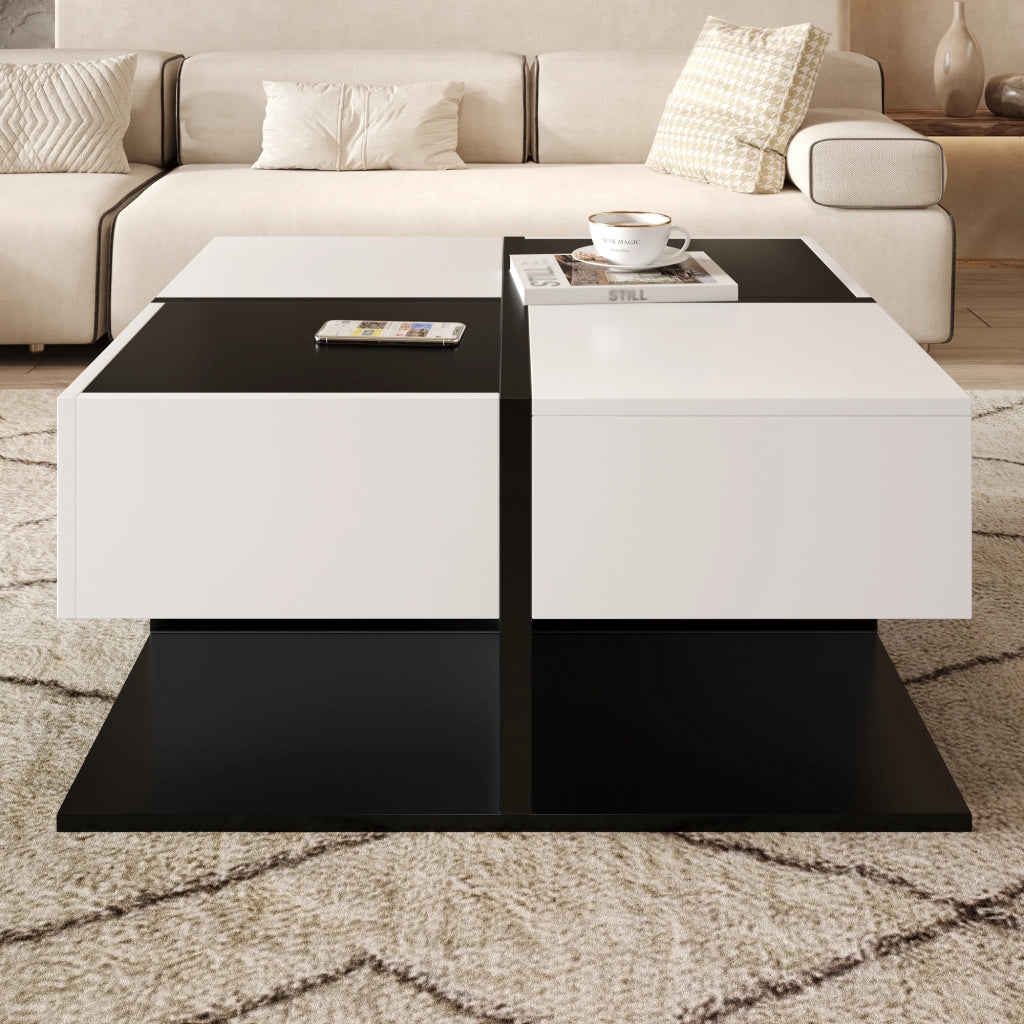 Tavolino da salotto quadrato con 2 Cassetti; vano contenitore nascosto; per soggiorno; in pannello truciolare; 70 × 70 × 35.5 cm; nero e bianco