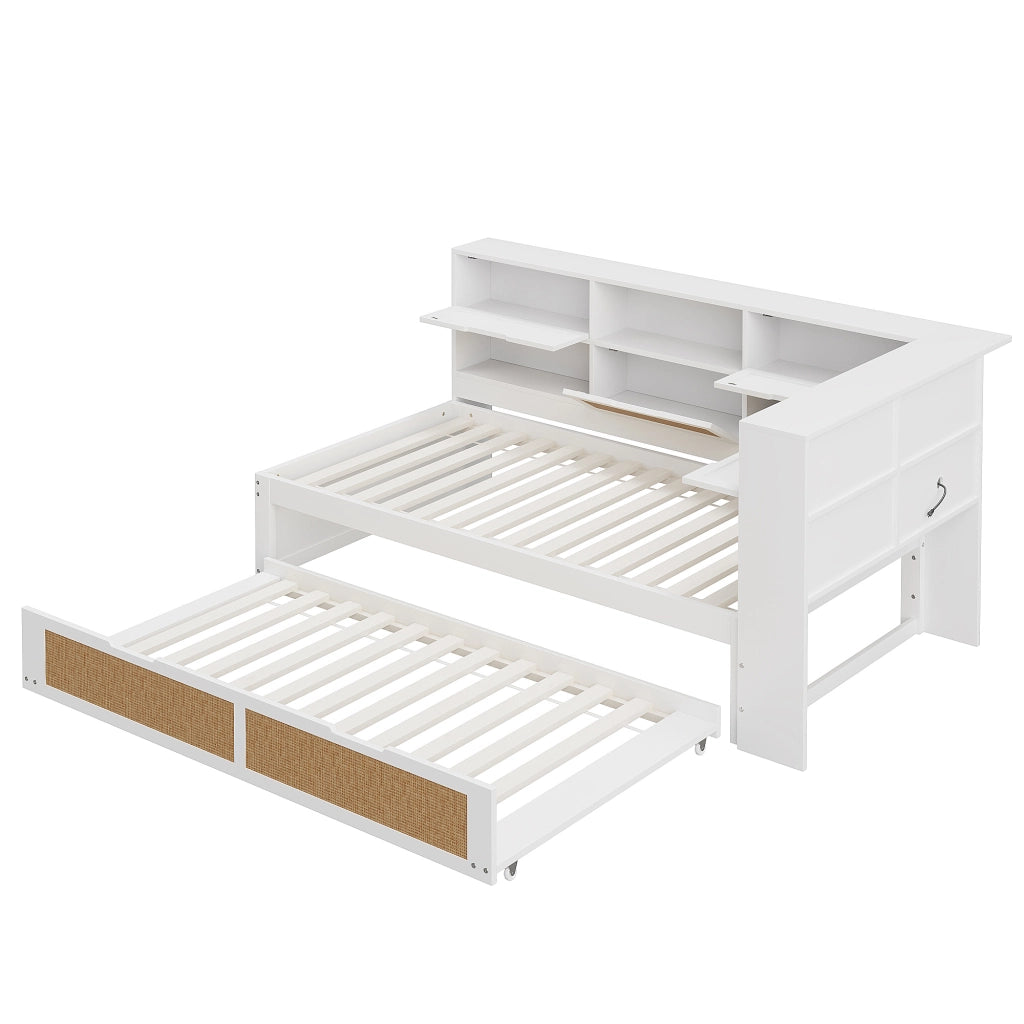 OKWISH Letto Divano 90×200 cm, Letto Singolo con Letto Estraibile 90×190 cm, USB, Prese e Contenitori, senza Materasso, in Legno, Bianco