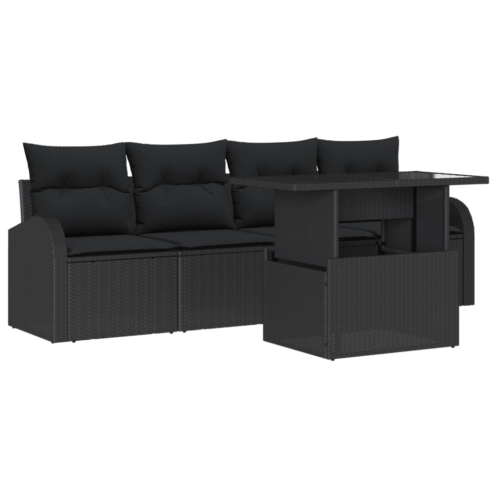 Set Divano da Giardino 5 Pezzi con Cuscini Nero Rattan Polietilene