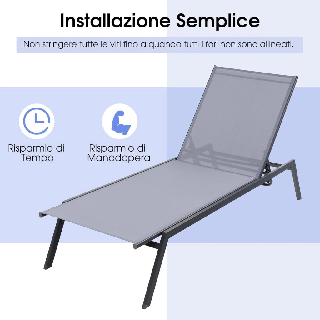 Lettino Prendisole da Giardino, Sedia a Sdraio Regolabile da Giardino, Sedia Reclinabile a 6 Posizioni, Chaise Lounge da Esterno per Piscina, Giardino, Portata 150 kg
