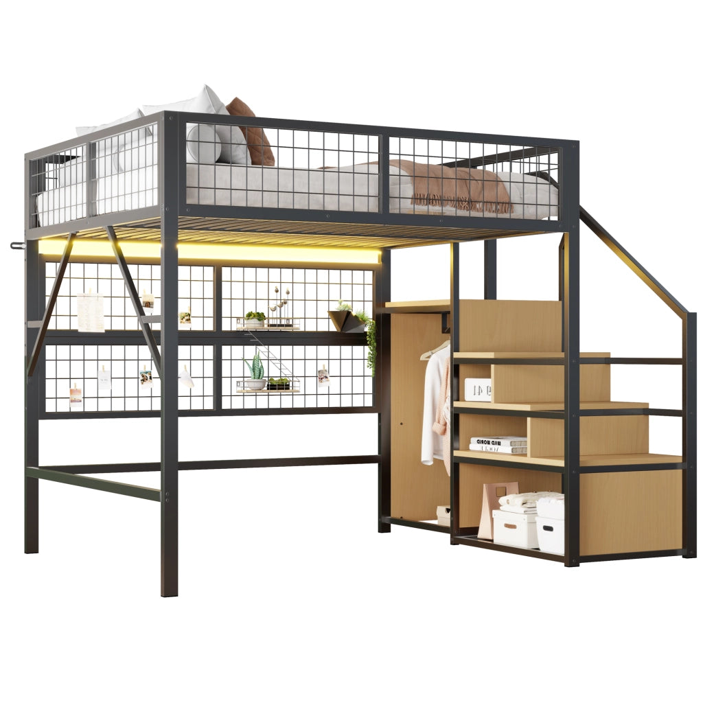 Letto a Soppalco 140 x 200 cm; Letto Matrimoniale con LED; Scala Contenitore e Armadio; senza Materasso