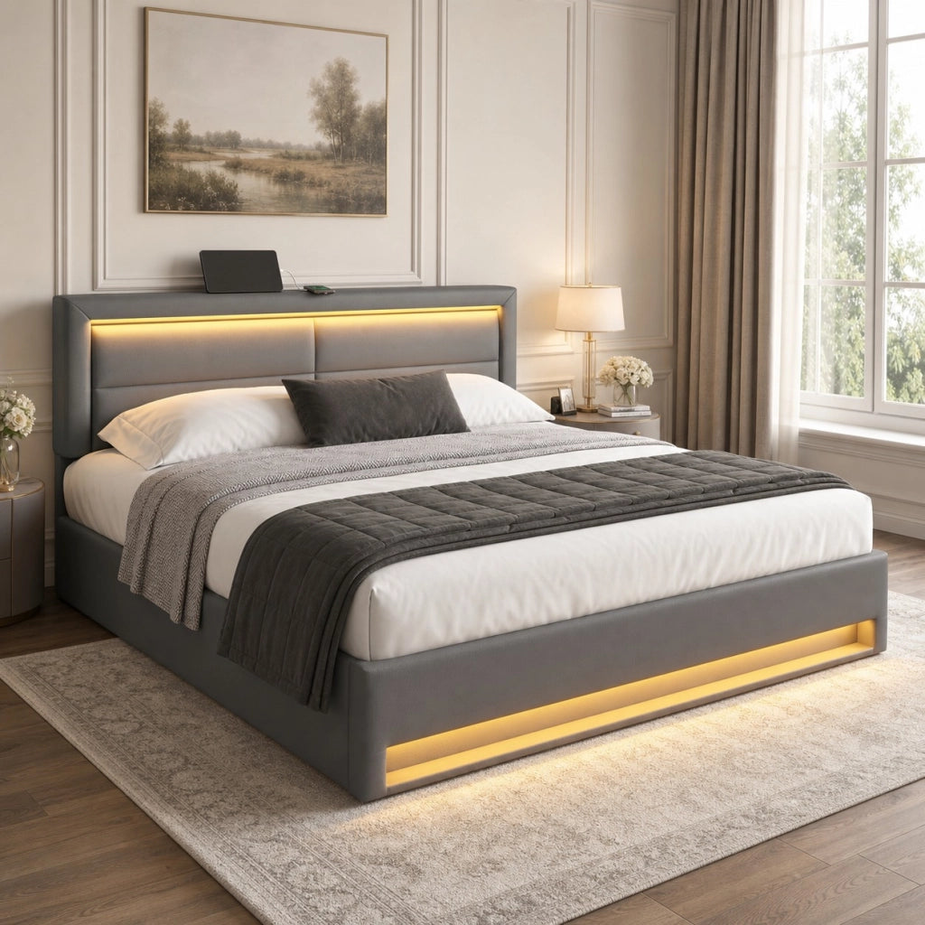 Letto imbottito matrimoniale 140x200 cm in PU grigio con USB; LED e contenitore