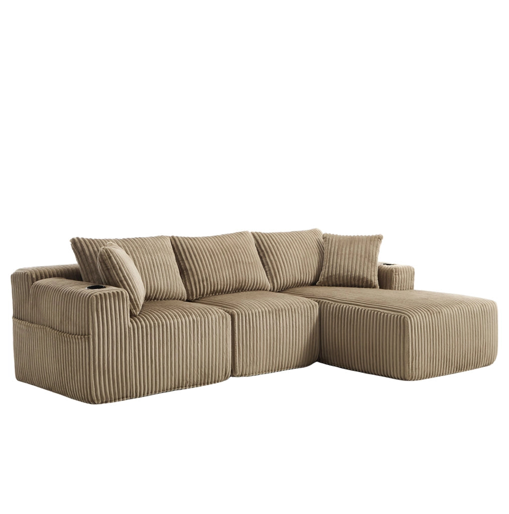 Divano modulare con chaise longue e 2 posti; rivestimento in velluto a coste color khaki; 257 cm