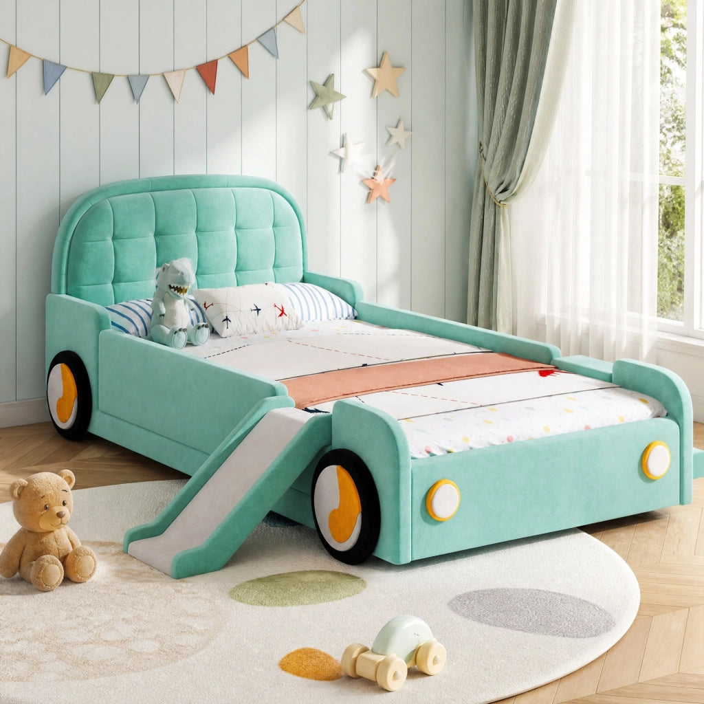 Letto per Bambini 90x200 cm - Scivolo; Scala e Sponde Imbottite - Velluto Blu Verde