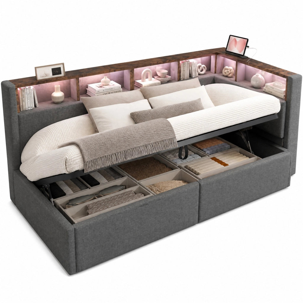 Divano letto singolo 90x200 cm con stoccaggio idraulico, illuminazione LED multicolore e porte USB-C e USB