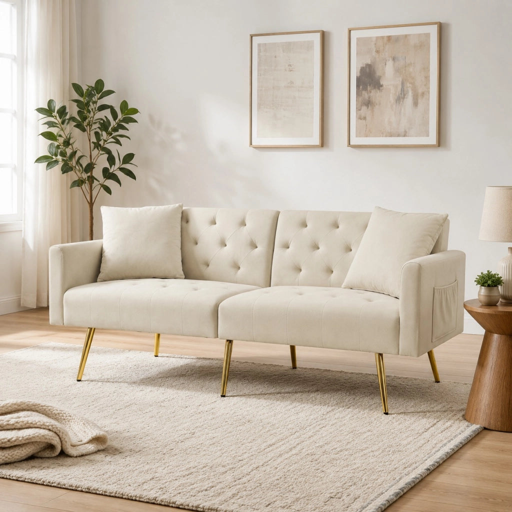 Divano letto a 2 posti in velluto beige con schienale regolabile a 3 posizioni e gambe in metallo dorato
