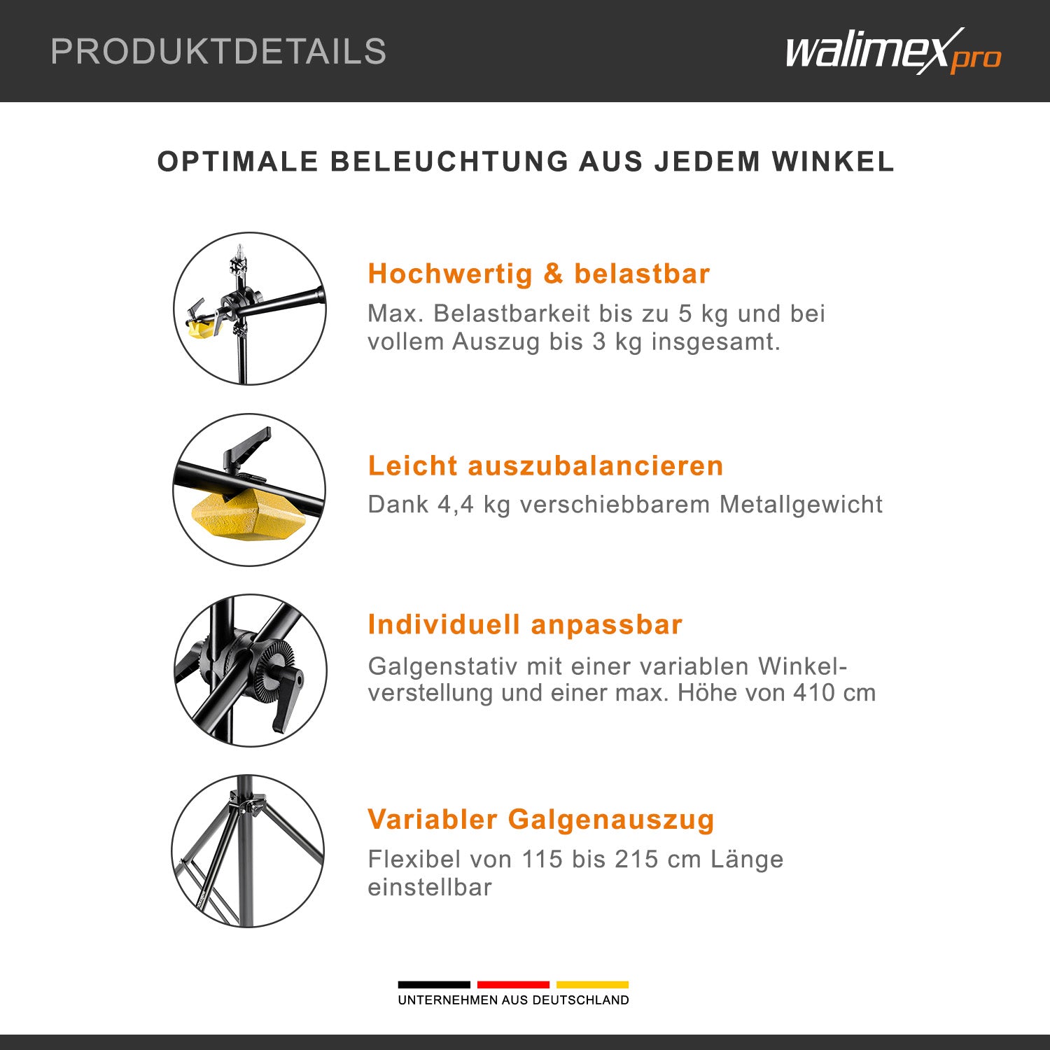 WT-501 Stativo a giraffa 100-410 cm, Treppiedi per luci regolabile, con braccio di supporto da 215 cm, contrappeso da 4,4 kg, per softbox, luce da studio, riflettore, flash