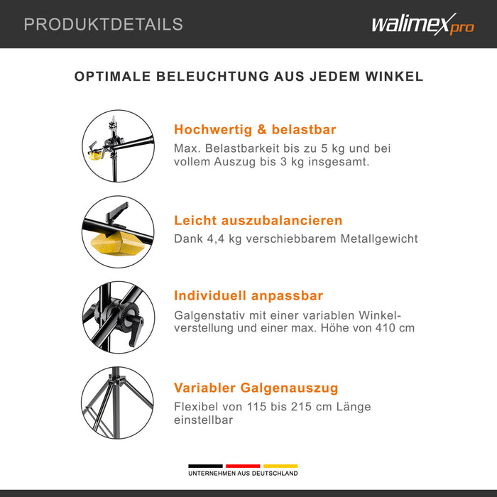 WT-501 Stativo a giraffa 100-410 cm, Treppiedi per luci regolabile, con braccio di supporto da 215 cm, contrappeso da 4,4 kg, per softbox, luce da studio, riflettore, flash