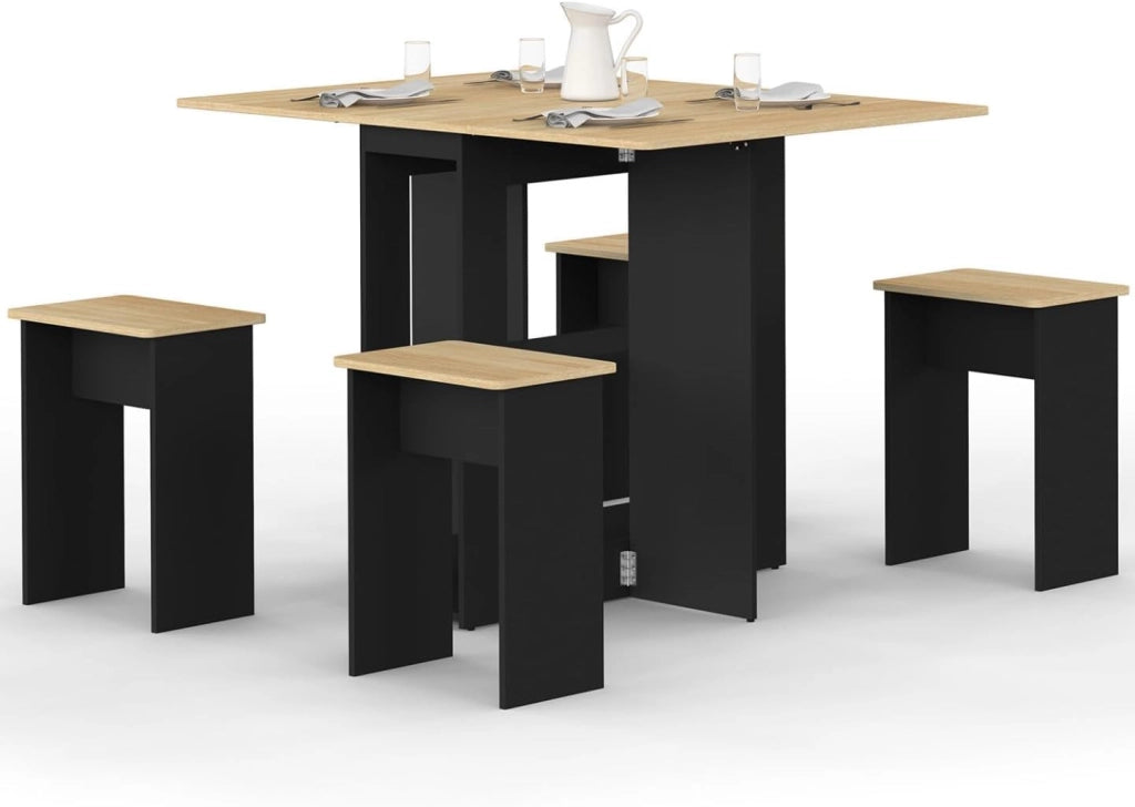 IDMarket - EDI Consolle Pieghevole per 2-4 Persone in Legno Nero con Piano in faggio e 4 sgabelli