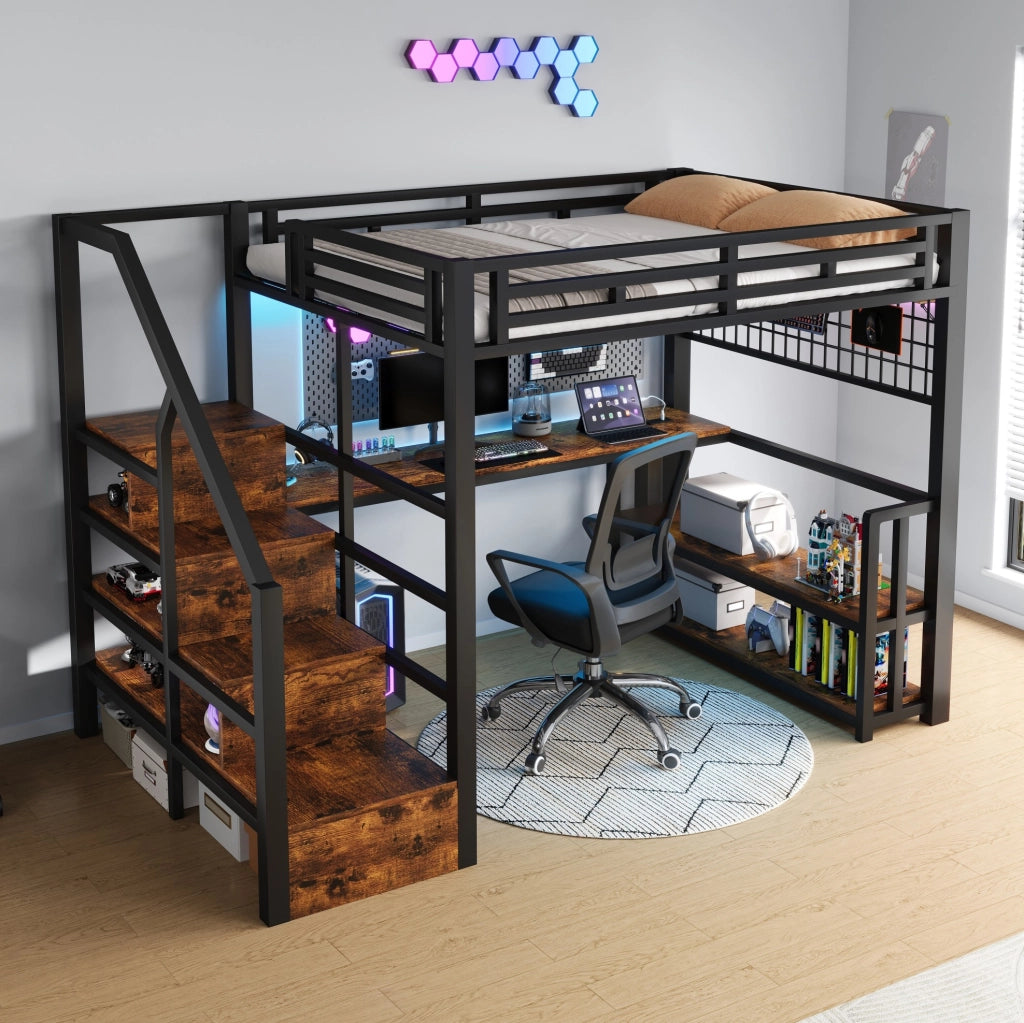 Letto a soppalco 140x200 cm in metallo e MDF nero con scrivania; ripiano; LED e USB
