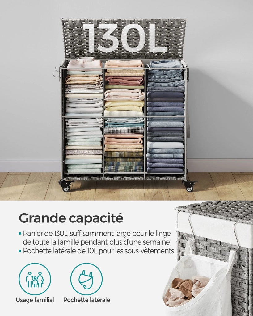 Cesto portabiancheria intrecciato a mano 140 litri imitazione rattan 3 scomparti sacco rimovibile coperchio manici facile da montare soggiorno bagno 66 x 33 x 60 cm grigio 12_0006777